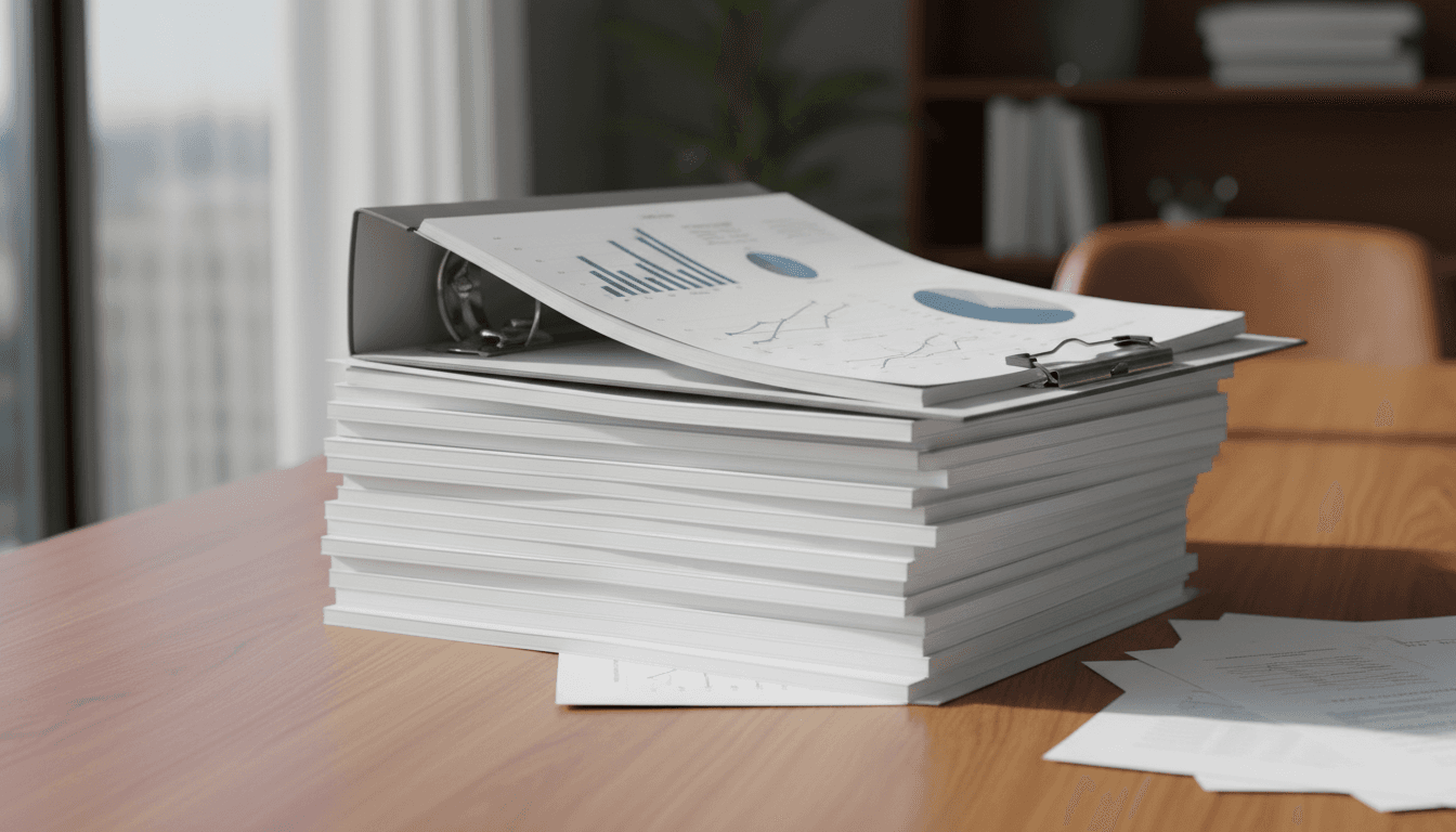 Open research binder with charts on a wooden table in a professional office