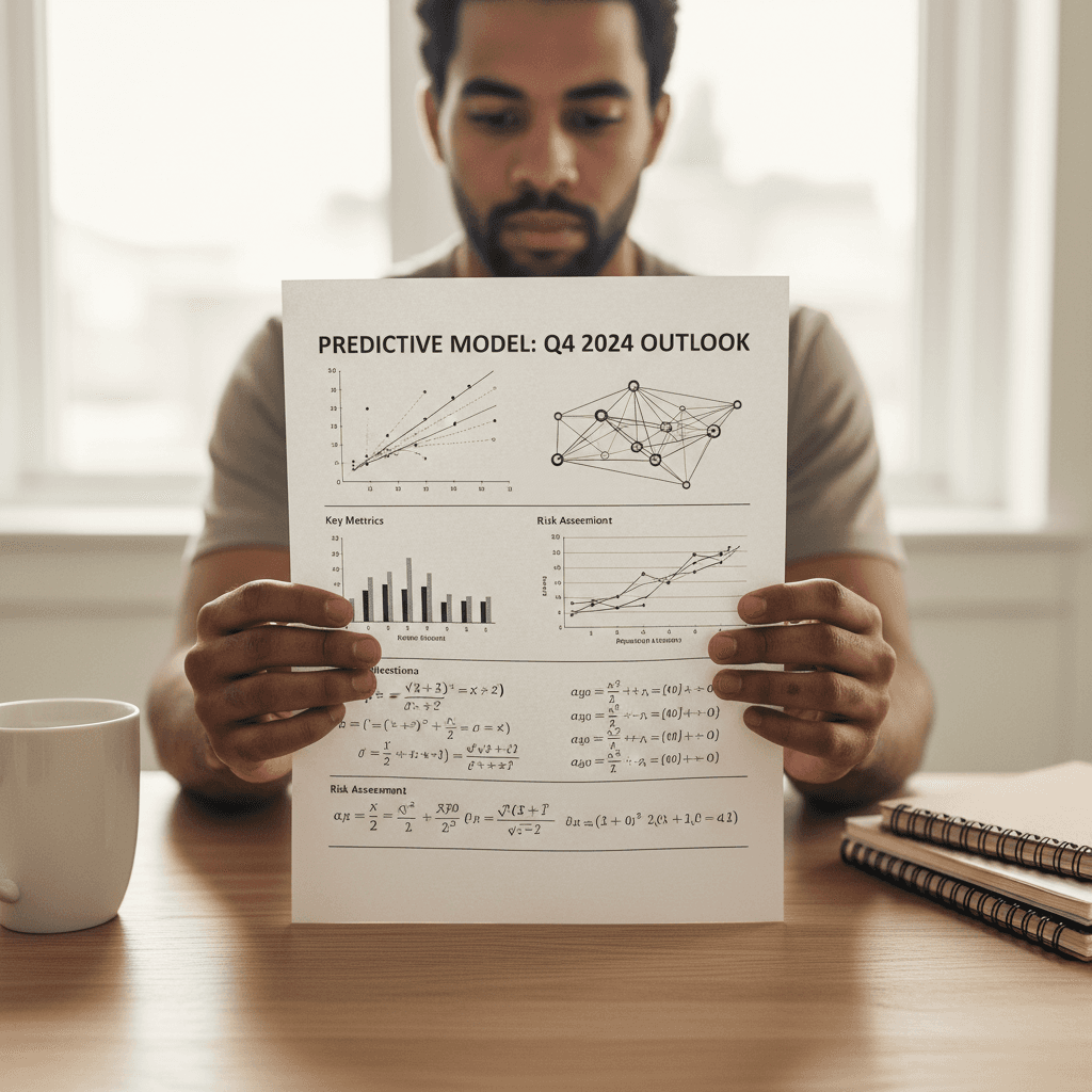 Open outcome report on a desk with a hand pointing to data